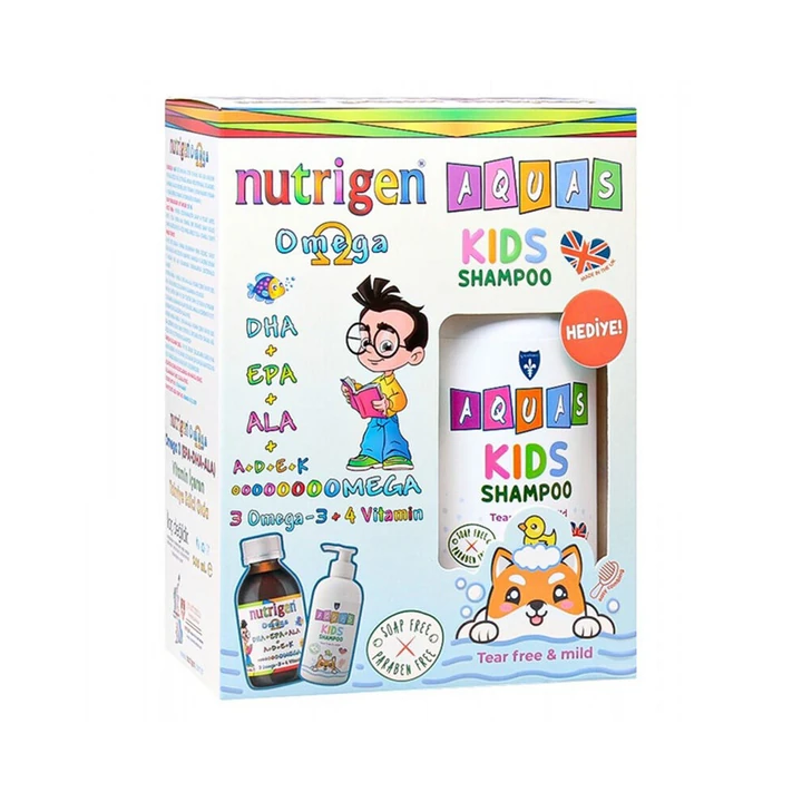 Nutrigen Omega 3 Balık Yağı Şurubu Portakal Aromalı 200 ml + Aquas Kids Şampuan 250 ml Hediyeli - 1